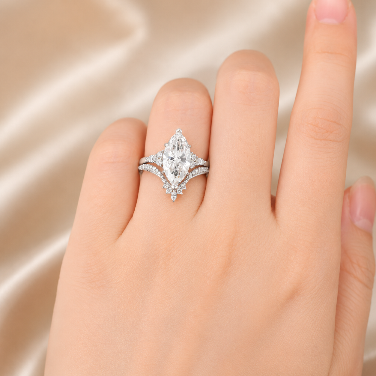 2.75 CT Marquise Lab-Grown Diamond 2PCS Bridal Set in 14K White Gold – Cluster V-Prong Filigree Wedding Ring Design