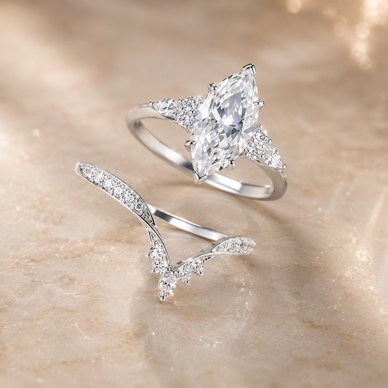 2.75 CT Marquise Lab-Grown Diamond 2PCS Bridal Set in 14K White Gold – Cluster V-Prong Filigree Wedding Ring Design