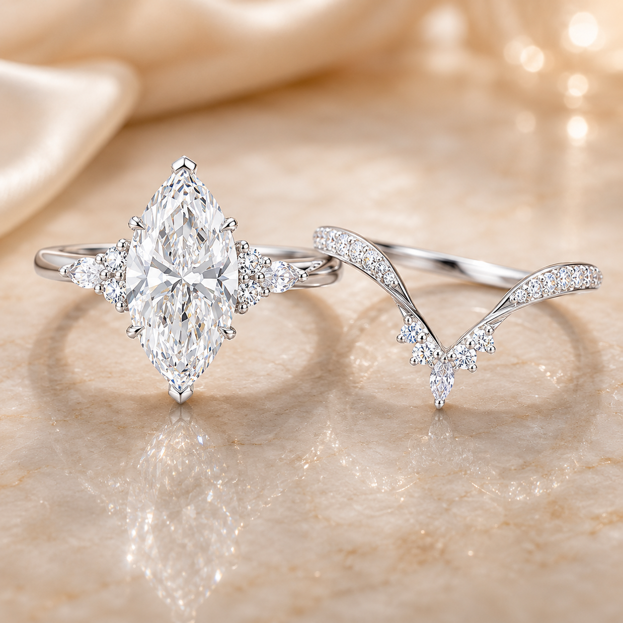 2.75 CT Marquise Lab-Grown Diamond 2PCS Bridal Set in 14K White Gold – Cluster V-Prong Filigree Wedding Ring Design