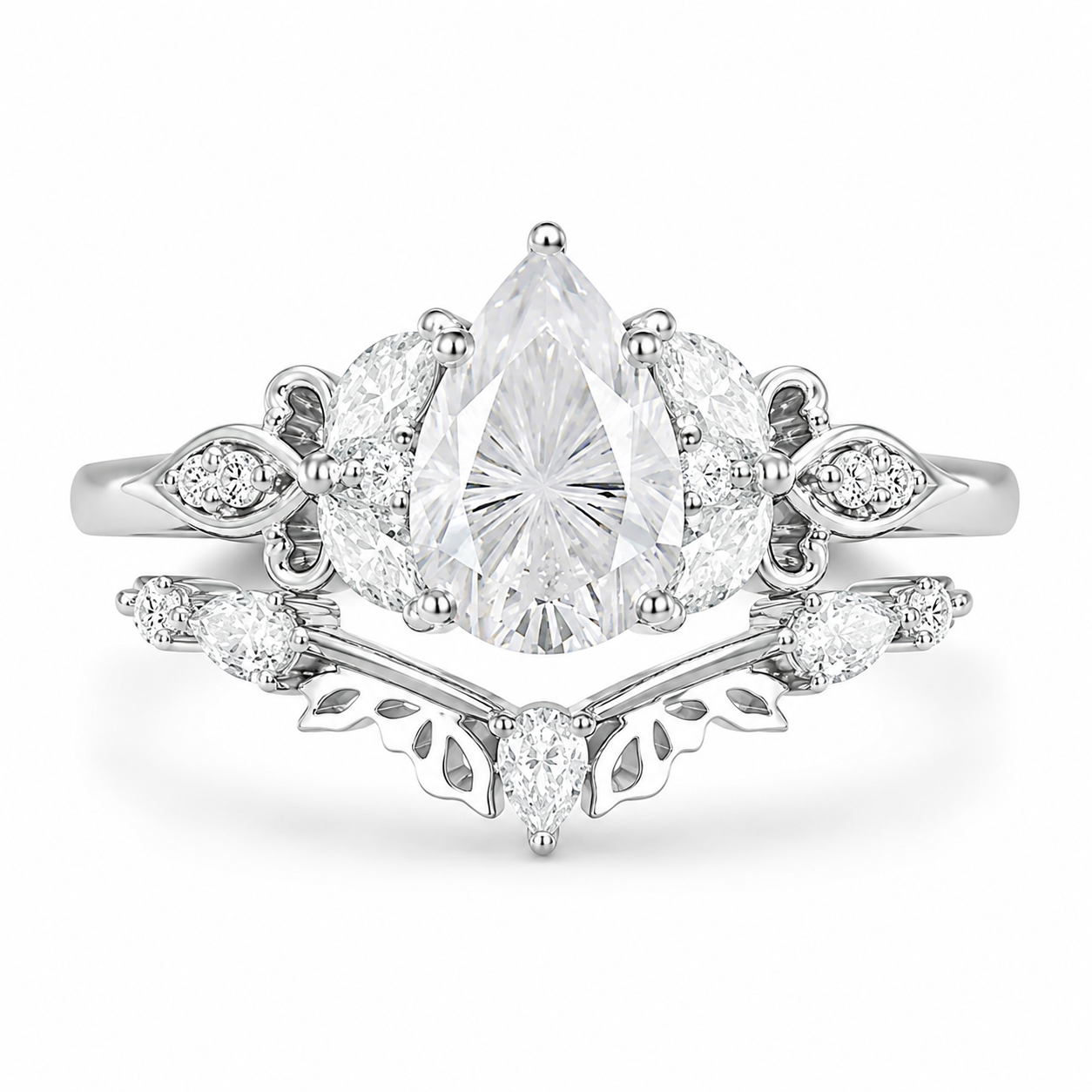 3.00 CT Pear Lab-Grown Diamond Butterfly Halo 2PCS Bridal Set in 14K White Gold – Marquise Cluster Vine Wedding Ring Design