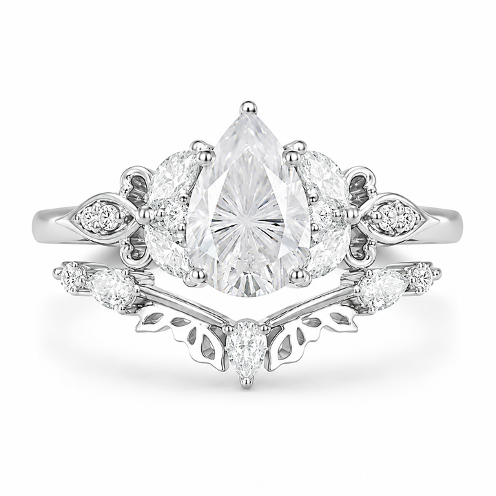 3.00 CT Pear Lab-Grown Diamond Butterfly Halo 2PCS Bridal Set in 14K White Gold â€“ Marquise Cluster Vine Wedding Ring Design from Diamond Studio
