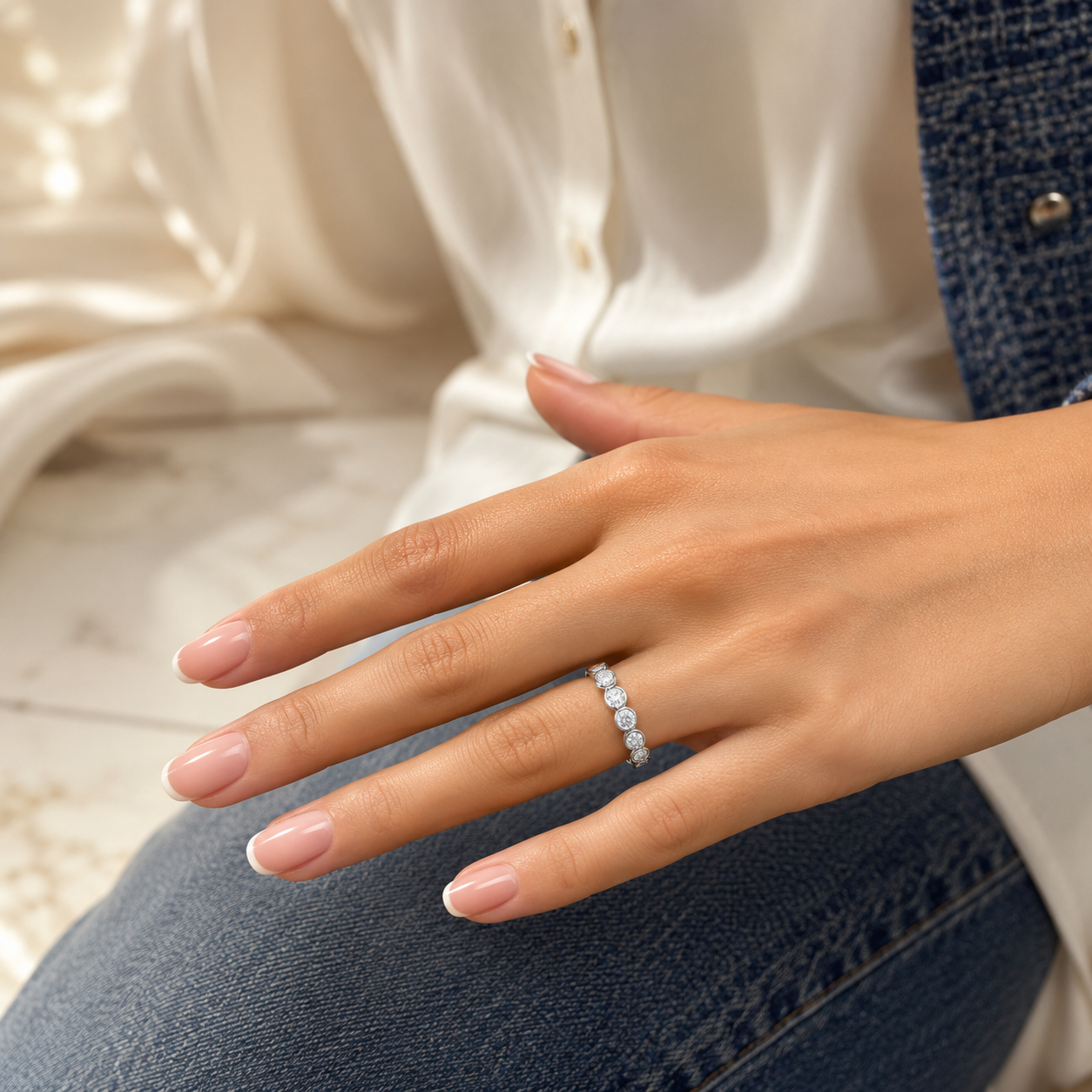 1.28 CT Lab-Grown Diamond Half Eternity Band in 14K White Gold (D–F / VS1–VS2)