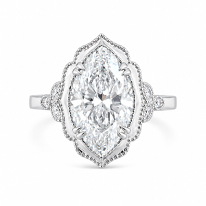 3.41 CT Vintage Marquise Cut Lab-Grown Diamond Engagement Ring in 14K White Gold – Hand-Engraved Victorian Style