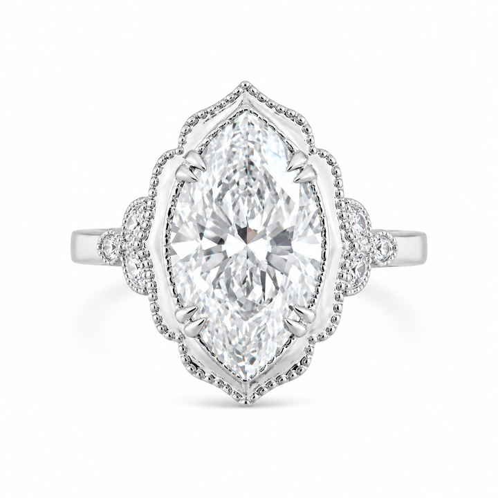 3.41 CT Vintage Marquise Cut Lab-Grown Diamond Engagement Ring in 14K White Gold â€“ Hand-Engraved Victorian Style from Diamond Studio