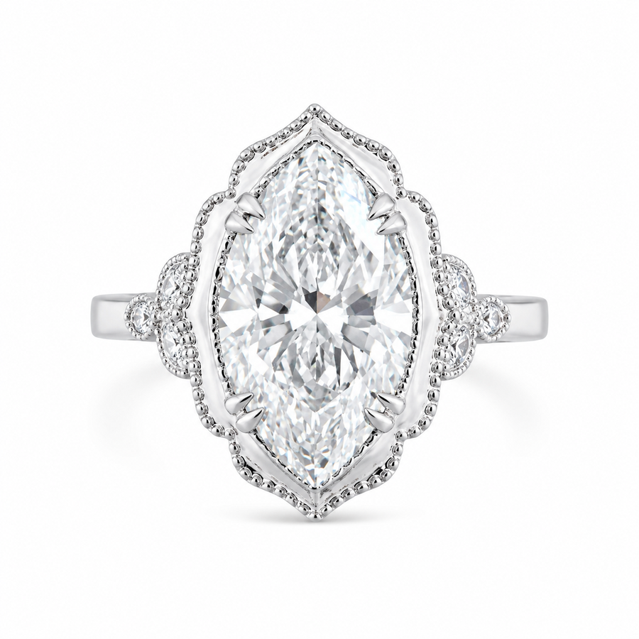 3.41 CT Vintage Marquise Cut Lab-Grown Diamond Engagement Ring in 14K White Gold – Hand-Engraved Victorian Style