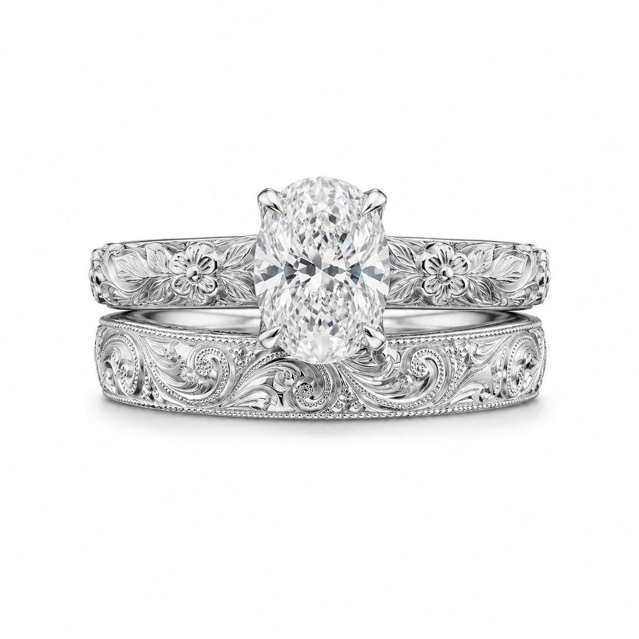 2.00 CT Vintage Oval Cut Lab-Grown Diamond Engagement Ring Set in 14K White Gold – Hand-Engraved Floral Wedding Band