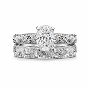 2.00 CT Vintage Oval Cut Lab-Grown Diamond Engagement Ring Set in 14K White Gold – Hand-Engraved Floral Wedding Band