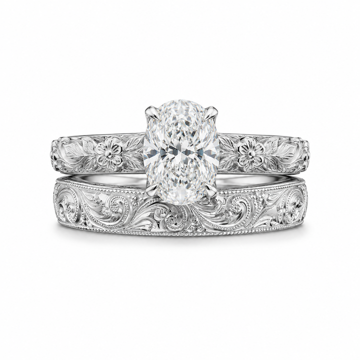 2.00 CT Vintage Oval Cut Lab-Grown Diamond Engagement Ring Set in 14K White Gold â€“ Hand-Engraved Floral Wedding Band from Diamond Studio