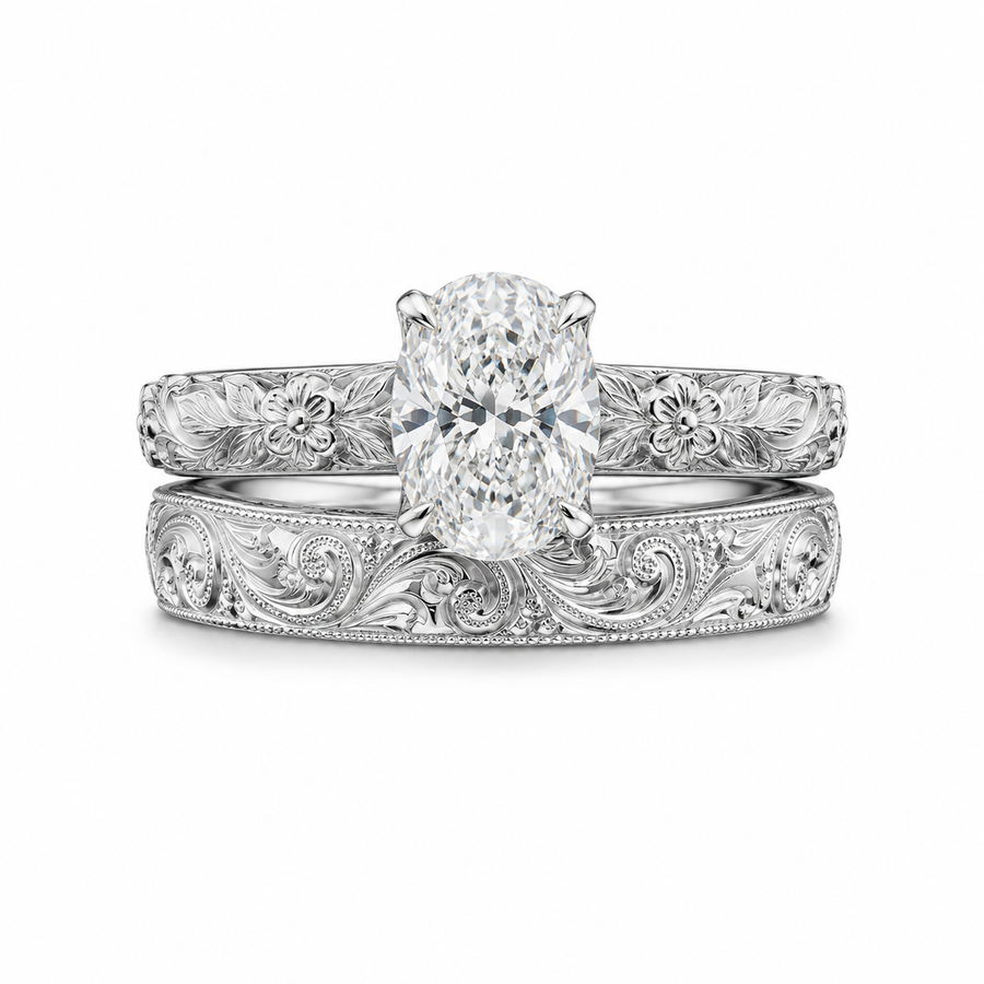 2.00 CT Vintage Oval Cut Lab-Grown Diamond Engagement Ring Set in 14K White Gold – Hand-Engraved Floral Wedding Band