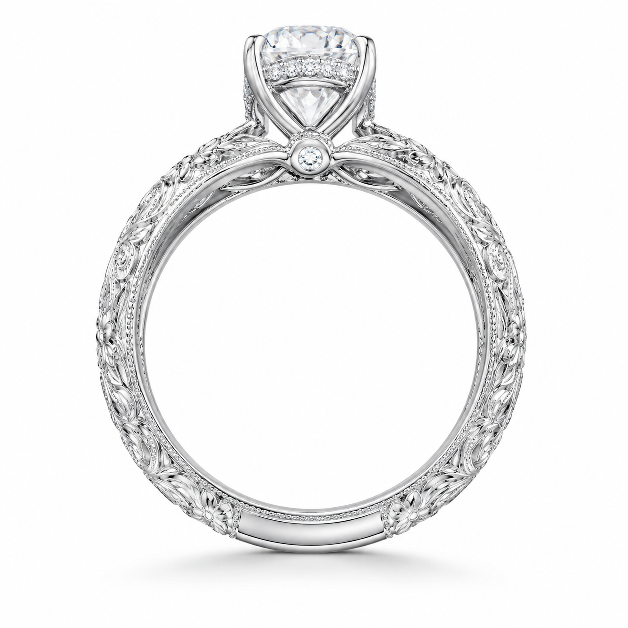 2.00 CT Vintage Oval Cut Lab-Grown Diamond Engagement Ring Set in 14K White Gold – Hand-Engraved Floral Wedding Band