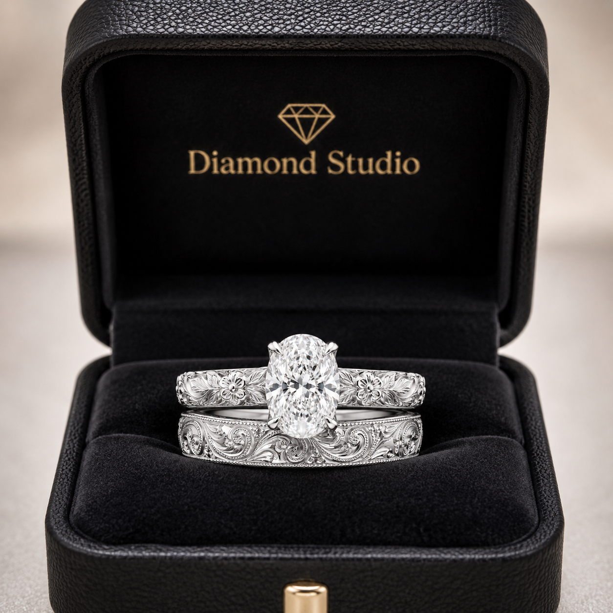 2.00 CT Vintage Oval Cut Lab-Grown Diamond Engagement Ring Set in 14K White Gold – Hand-Engraved Floral Wedding Band