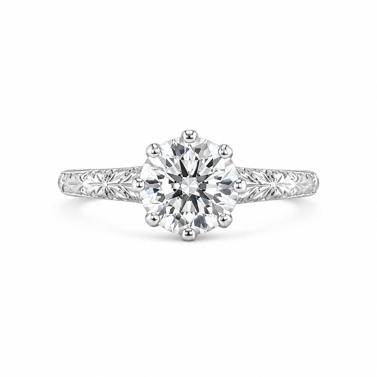 1.50 CT Round Lab-Grown Diamond Hand-Engraved Engagement Ring in 14K White Gold – Vintage Carved Solitaire Band