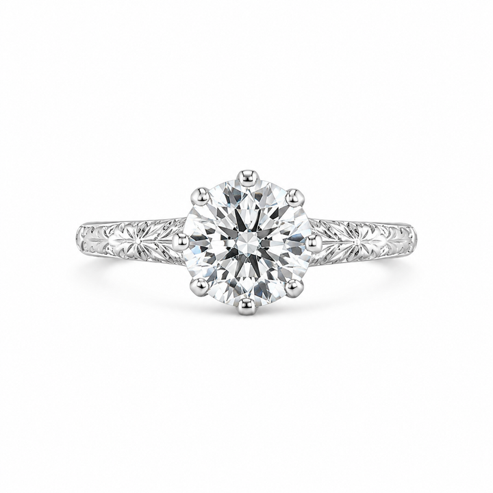 1.50 CT Round Lab-Grown Diamond Hand-Engraved Engagement Ring in 14K White Gold â€“ Vintage Carved Solitaire Band from Diamond Studio