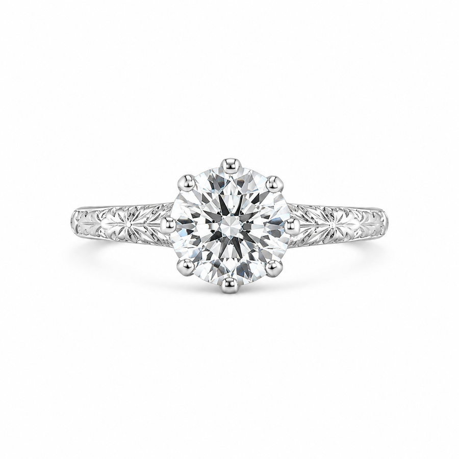 1.50 CT Round Lab-Grown Diamond Hand-Engraved Engagement Ring in 14K White Gold – Vintage Carved Solitaire Band