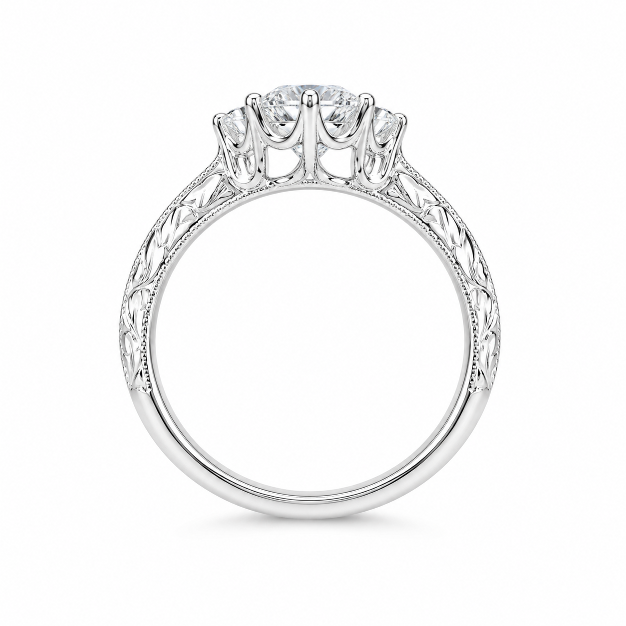 1.50 CT Round Lab-Grown Diamond Hand-Engraved Engagement Ring in 14K White Gold – Vintage Carved Solitaire Band