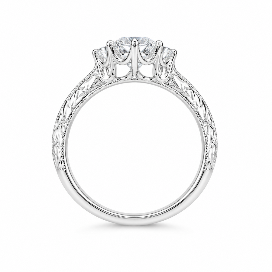 1.50 CT Round Lab-Grown Diamond Hand-Engraved Engagement Ring in 14K White Gold – Vintage Carved Solitaire Band