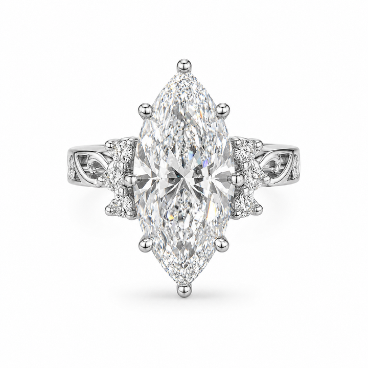 3.81 CT Vintage Marquise Cut Lab-Grown Diamond Engagement Ring in 14K White Gold â€“ Hand-Engraved Art Deco Cluster Design from Diamond Studio