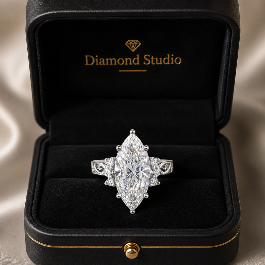 3.81 CT Vintage Marquise Cut Lab-Grown Diamond Engagement Ring in 14K White Gold – Hand-Engraved Art Deco Cluster Design