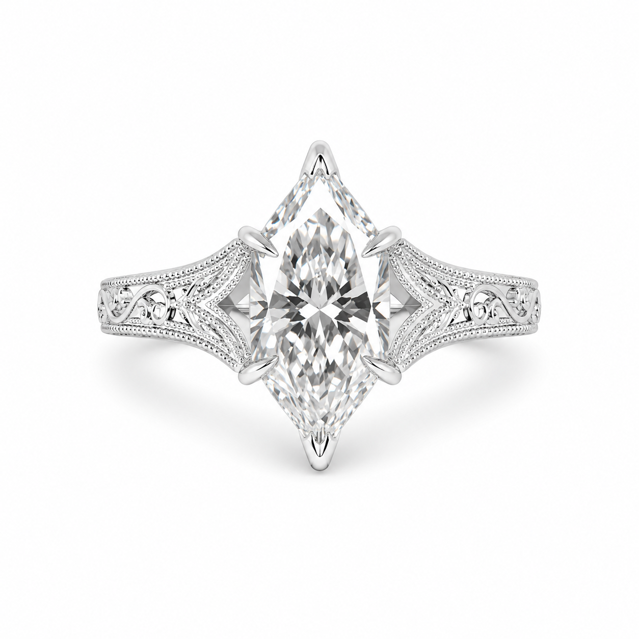 3.00 CT Filigree Dutch Marquise Cut Lab-Grown Diamond Engagement Ring in 14K White Gold – Engraved Solitaire Bridal Design