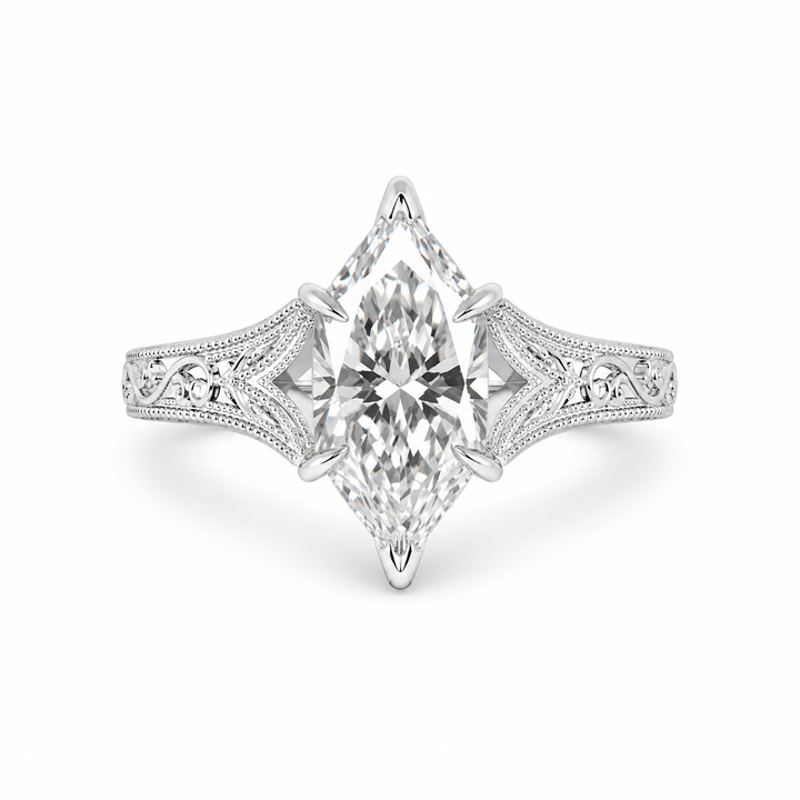 3.00 CT Filigree Dutch Marquise Cut Lab-Grown Diamond Engagement Ring in 14K White Gold â€“ Engraved Solitaire Bridal Design from Diamond Studio