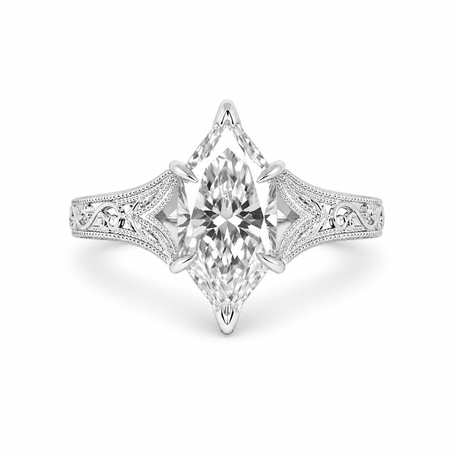 3.00 CT Filigree Dutch Marquise Cut Lab-Grown Diamond Engagement Ring in 14K White Gold – Engraved Solitaire Bridal Design