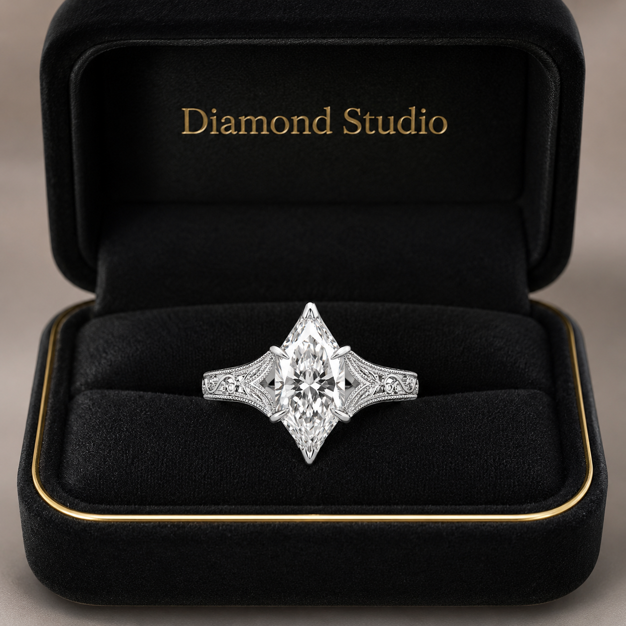 3.00 CT Filigree Dutch Marquise Cut Lab-Grown Diamond Engagement Ring in 14K White Gold – Engraved Solitaire Bridal Design