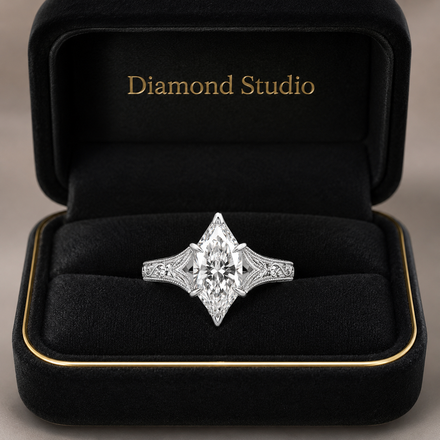 3.00 CT Filigree Dutch Marquise Cut Lab-Grown Diamond Engagement Ring in 14K White Gold – Engraved Solitaire Bridal Design