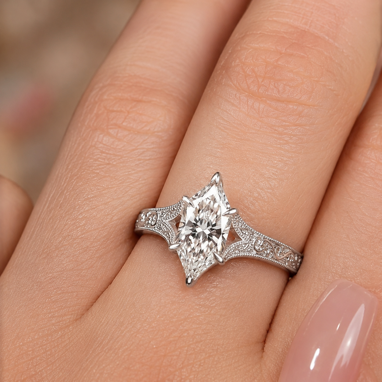 3.00 CT Filigree Dutch Marquise Cut Lab-Grown Diamond Engagement Ring in 14K White Gold – Engraved Solitaire Bridal Design