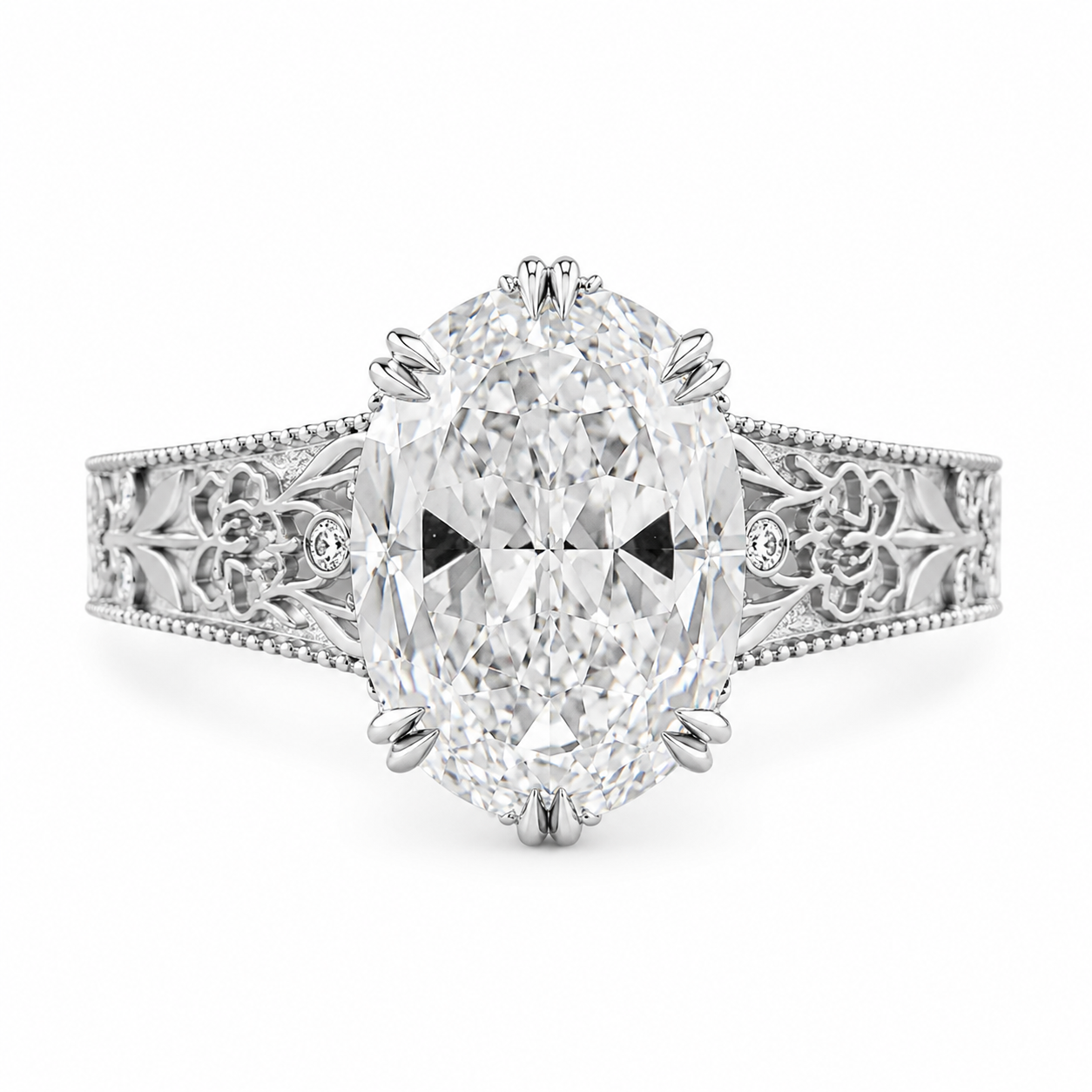 5.00 CT Oval Ashoka Style Lab-Grown Diamond Engagement Ring in 14K White Gold – Vintage Hand-Carved Edwardian Design