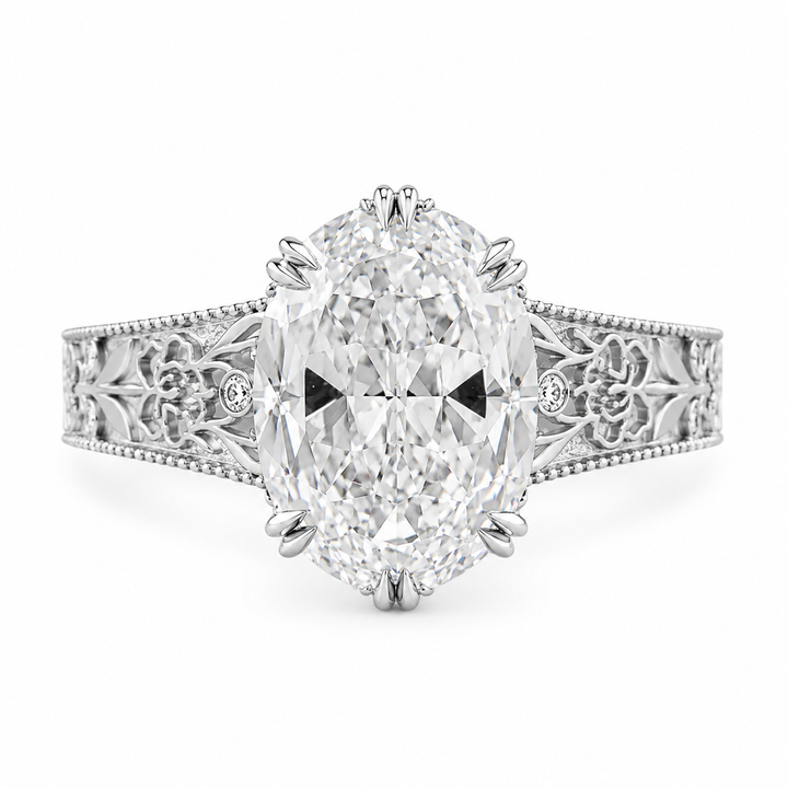 5.00 CT Oval Ashoka Style Lab-Grown Diamond Engagement Ring in 14K White Gold â€“ Vintage Hand-Carved Edwardian Design from Diamond Studio