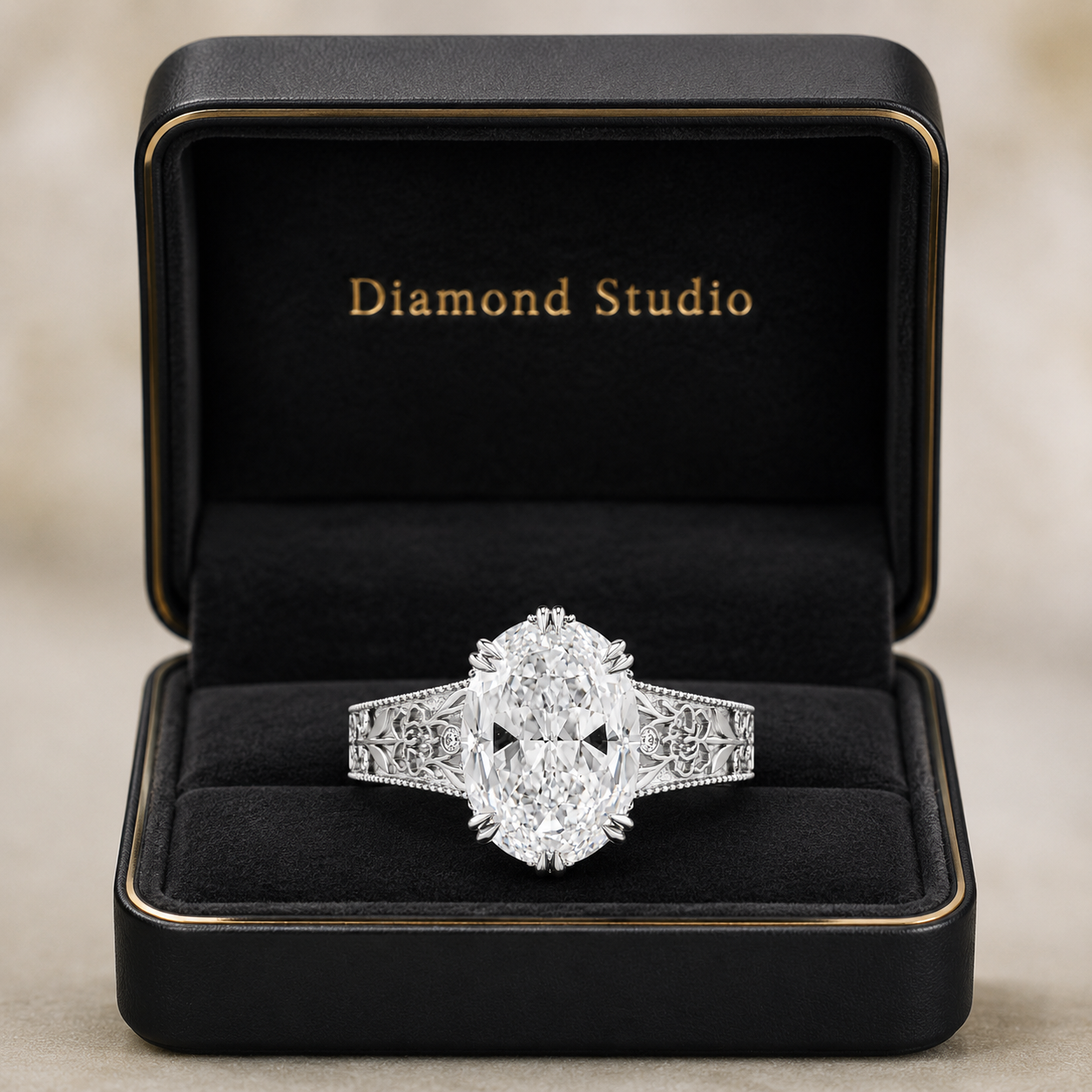 5.00 CT Oval Ashoka Style Lab-Grown Diamond Engagement Ring in 14K White Gold – Vintage Hand-Carved Edwardian Design