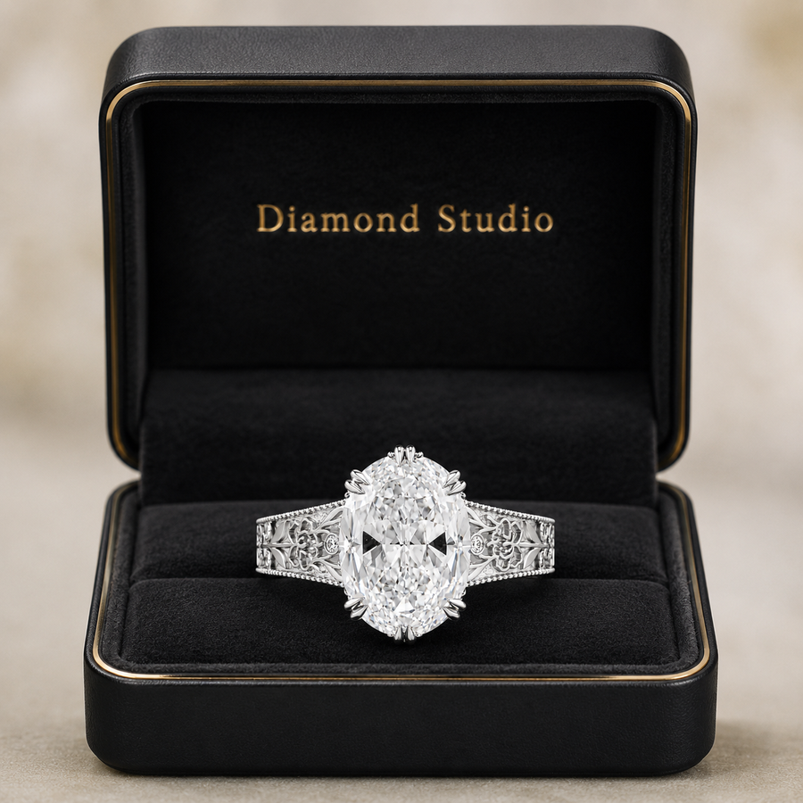 5.00 CT Oval Ashoka Style Lab-Grown Diamond Engagement Ring in 14K White Gold – Vintage Hand-Carved Edwardian Design