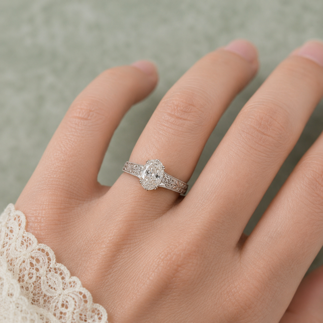5.00 CT Oval Ashoka Style Lab-Grown Diamond Engagement Ring in 14K White Gold – Vintage Hand-Carved Edwardian Design