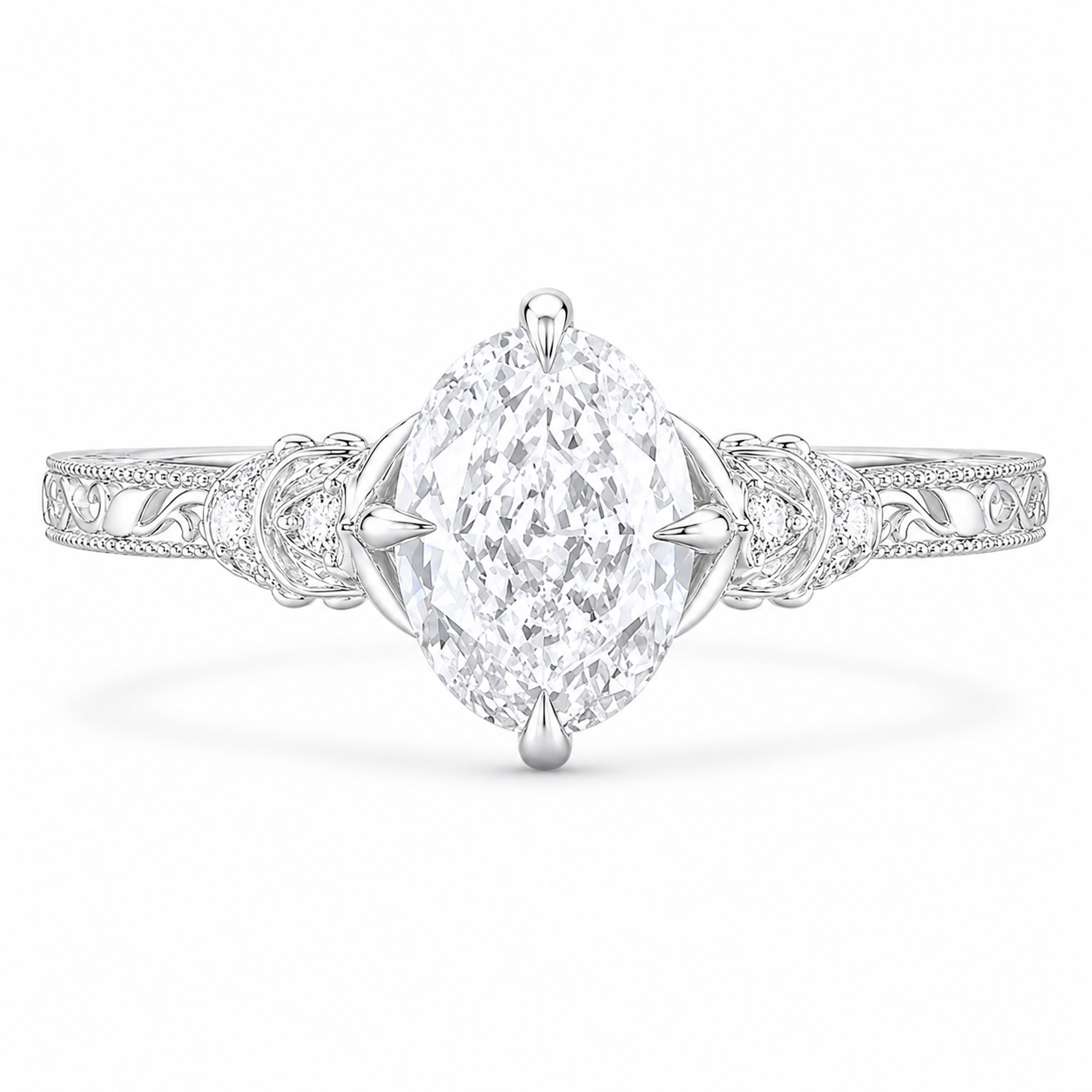 3.50 CT Vintage Oval Cut Lab-Grown Diamond Engagement Ring in 14K White Gold – Nature Inspired Engraved Filigree Tulip Design
