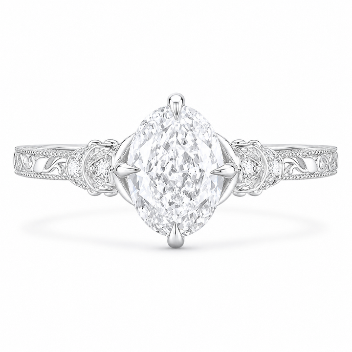3.50 CT Vintage Oval Cut Lab-Grown Diamond Engagement Ring in 14K White Gold â€“ Nature Inspired Engraved Filigree Tulip Design from Diamond Studio