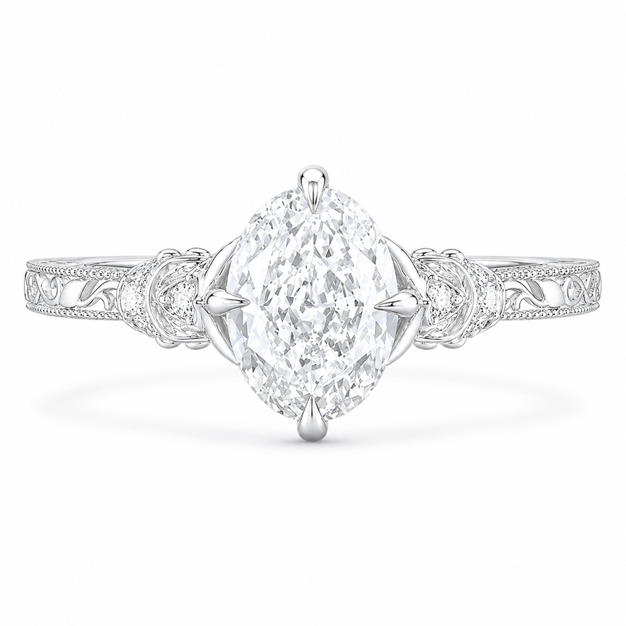 3.50 CT Vintage Oval Cut Lab-Grown Diamond Engagement Ring in 14K White Gold – Nature Inspired Engraved Filigree Tulip Design