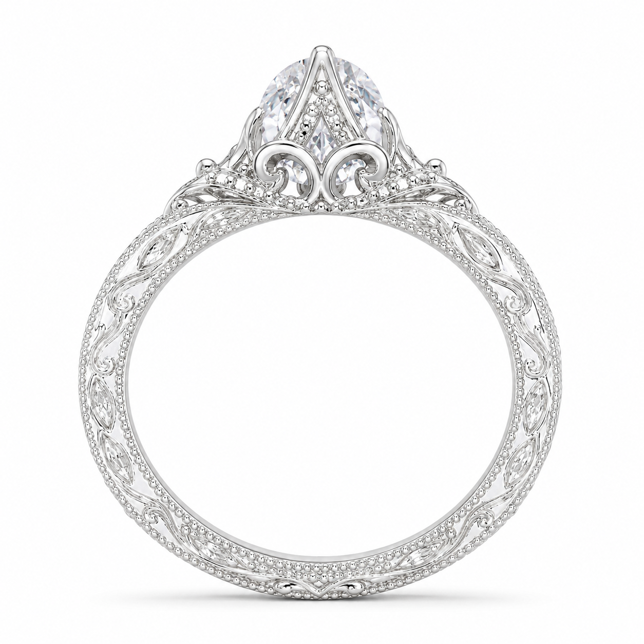 3.50 CT Vintage Oval Cut Lab-Grown Diamond Engagement Ring in 14K White Gold – Nature Inspired Engraved Filigree Tulip Design