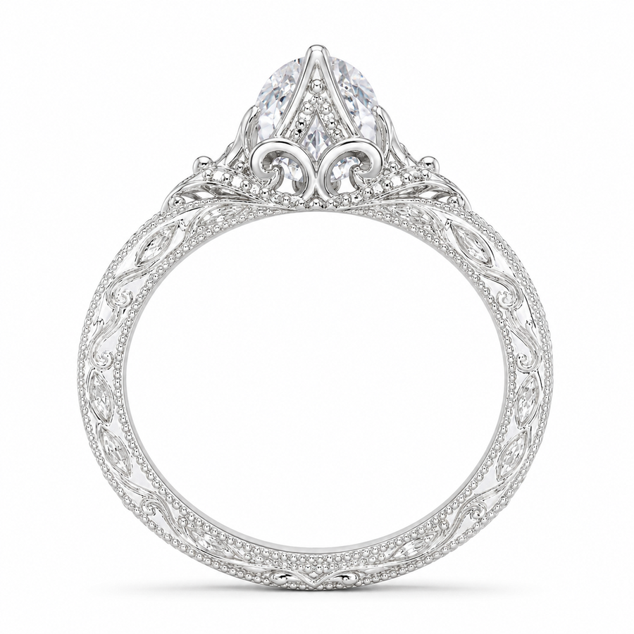 3.50 CT Vintage Oval Cut Lab-Grown Diamond Engagement Ring in 14K White Gold – Nature Inspired Engraved Filigree Tulip Design