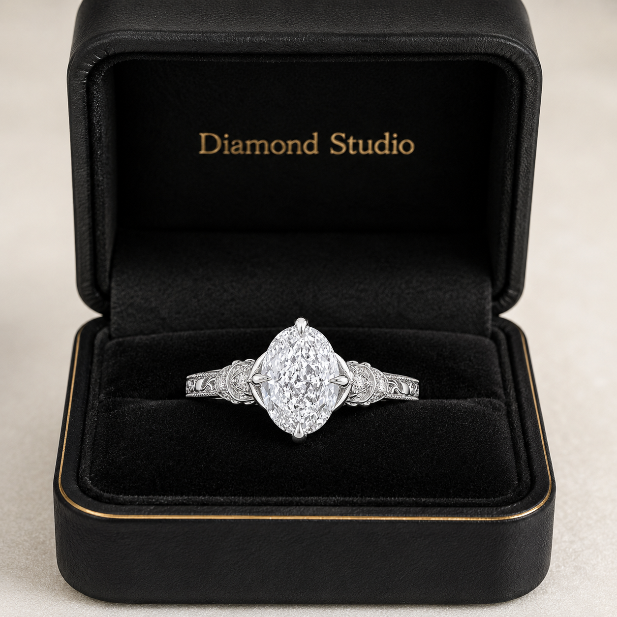3.50 CT Vintage Oval Cut Lab-Grown Diamond Engagement Ring in 14K White Gold – Nature Inspired Engraved Filigree Tulip Design