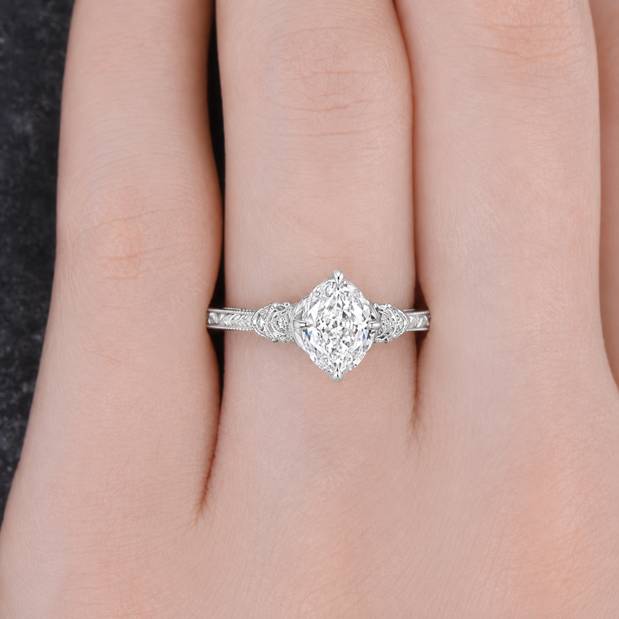 3.50 CT Vintage Oval Cut Lab-Grown Diamond Engagement Ring in 14K White Gold – Nature Inspired Engraved Filigree Tulip Design
