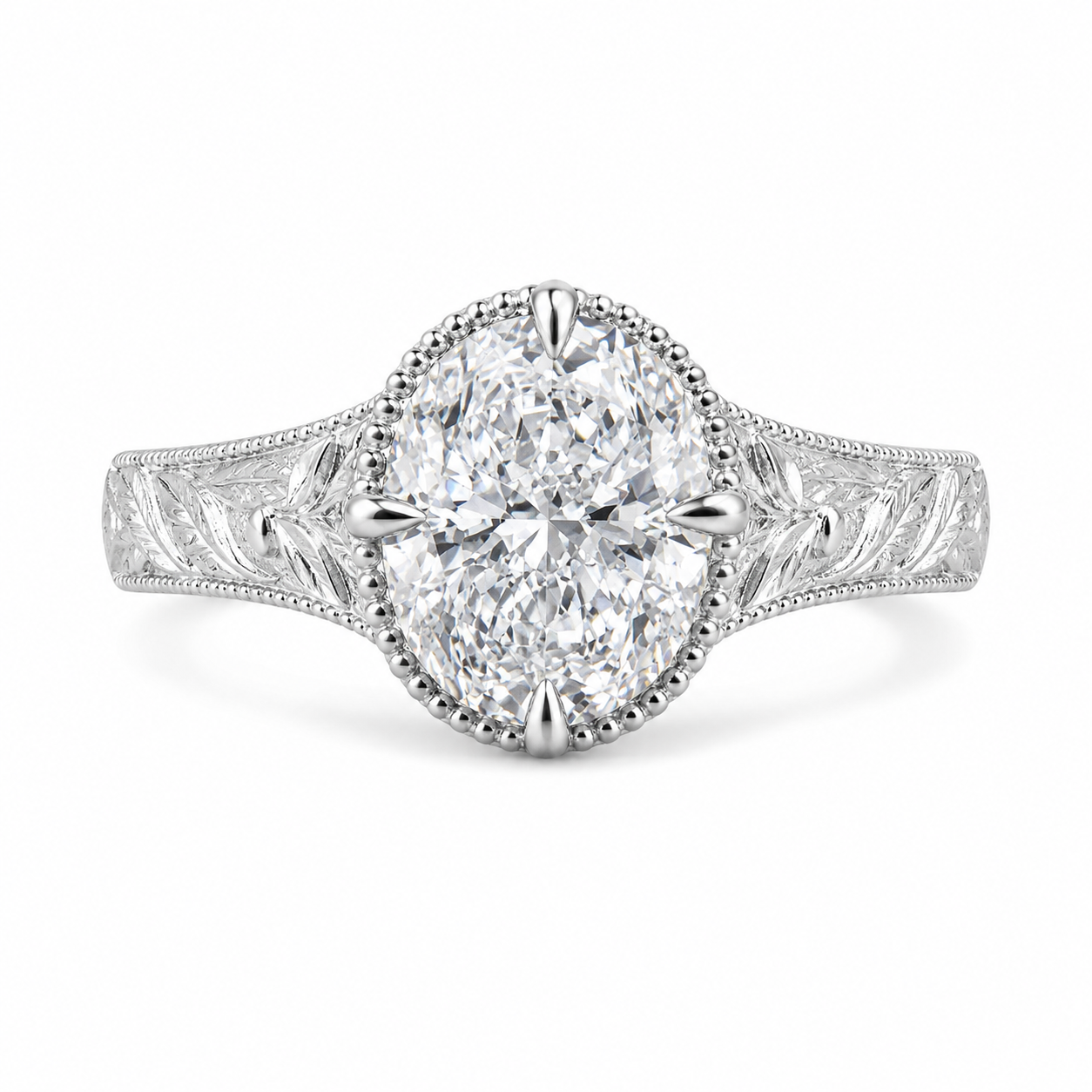 2.00 CT Art Deco Oval Cut Lab-Grown Diamond Engagement Ring in 14K White Gold – Handcrafted Milgrain Bezel Vintage Design