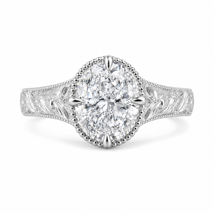 2.00 CT Art Deco Oval Cut Lab-Grown Diamond Engagement Ring in 14K White Gold â€“ Handcrafted Milgrain Bezel Vintage Design from Diamond Studio