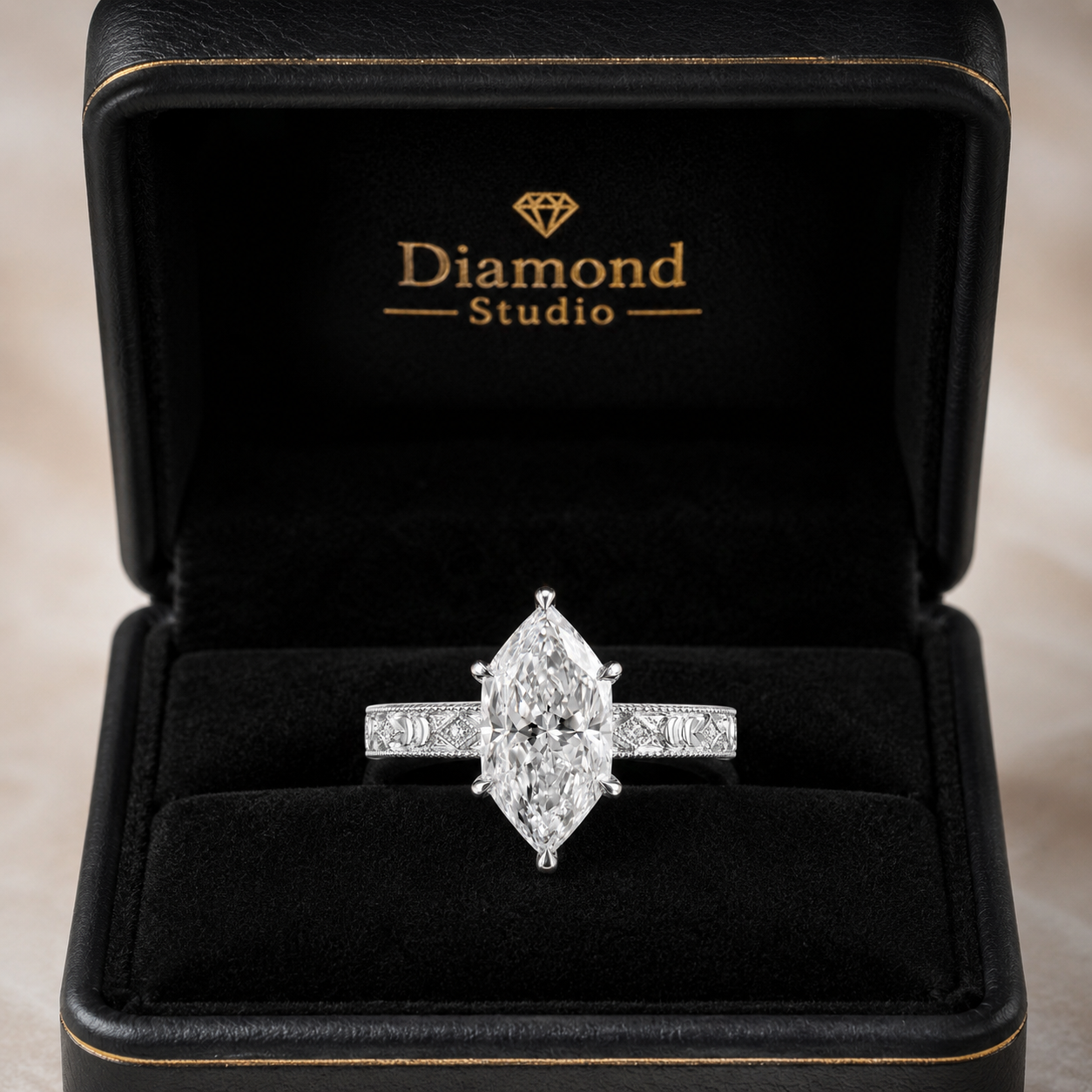 3.00 CT Antique Dutch Marquise Cut Lab-Grown Diamond Engagement Ring in 14K White Gold – Vintage Art Deco Hand-Engraved Design