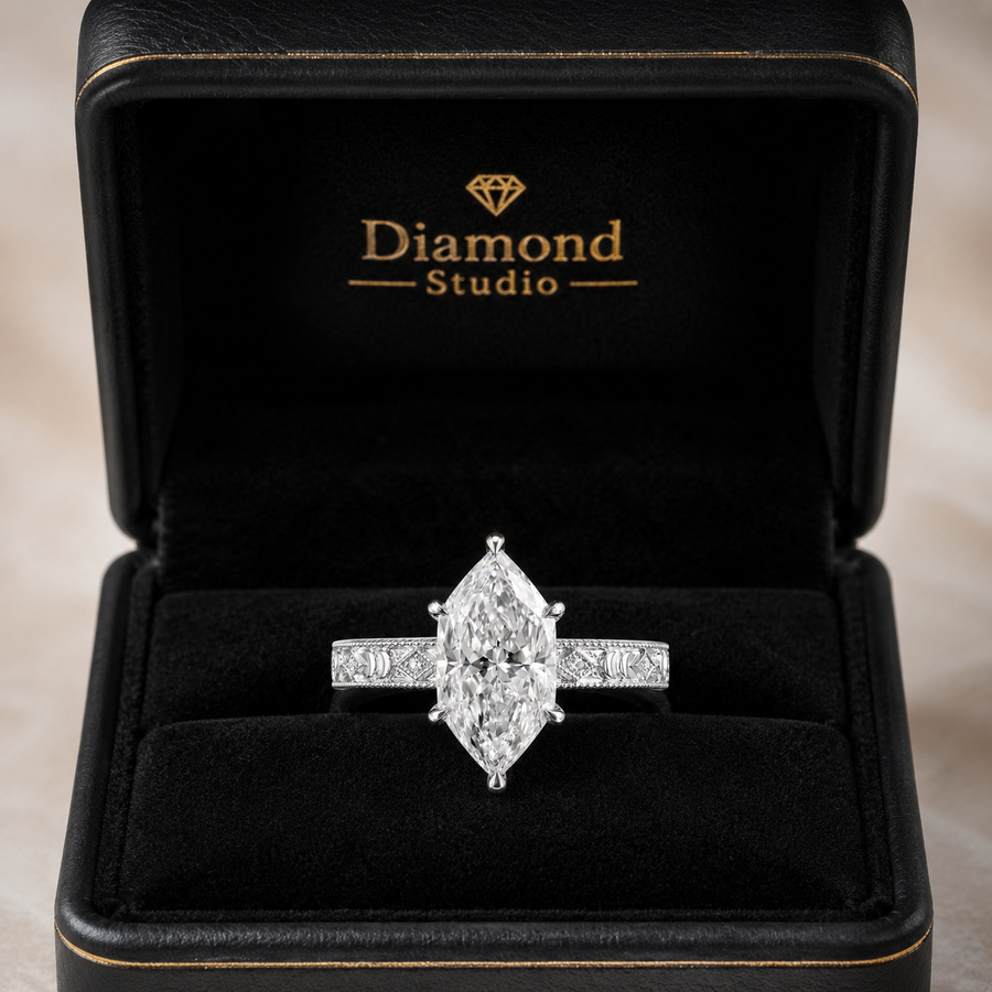 3.00 CT Antique Dutch Marquise Cut Lab-Grown Diamond Engagement Ring in 14K White Gold – Vintage Art Deco Hand-Engraved Design