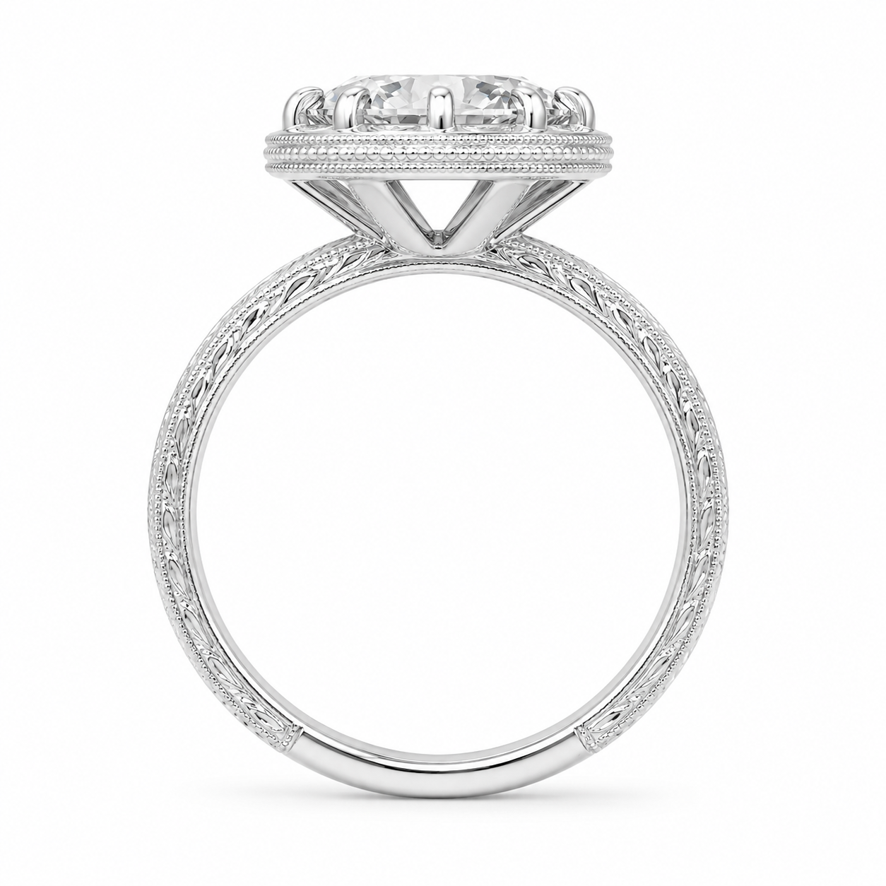 3.01 CT Moval Lab-Grown Diamond Engagement Ring in 14K White Gold – Hand-Engraved Filigree Bridal Design