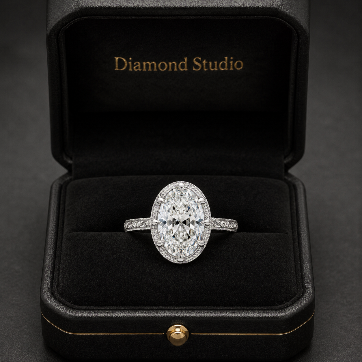 3.01 CT Moval Lab-Grown Diamond Engagement Ring in 14K White Gold – Hand-Engraved Filigree Bridal Design