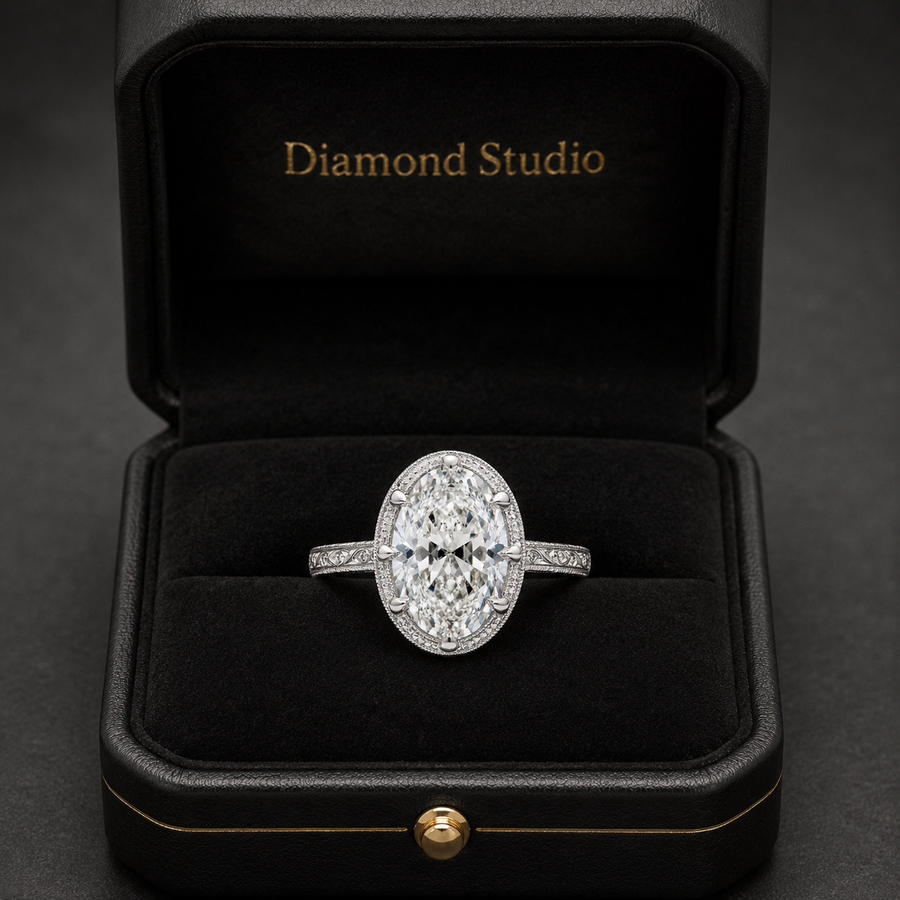 3.01 CT Moval Lab-Grown Diamond Engagement Ring in 14K White Gold – Hand-Engraved Filigree Bridal Design