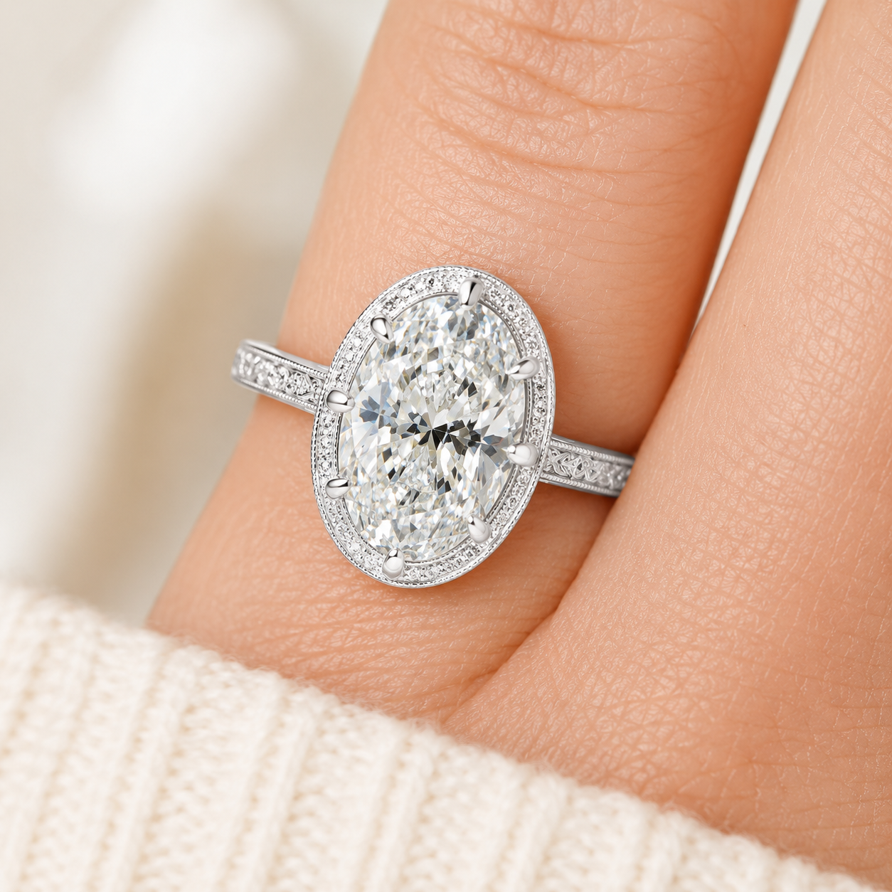 3.01 CT Moval Lab-Grown Diamond Engagement Ring in 14K White Gold – Hand-Engraved Filigree Bridal Design