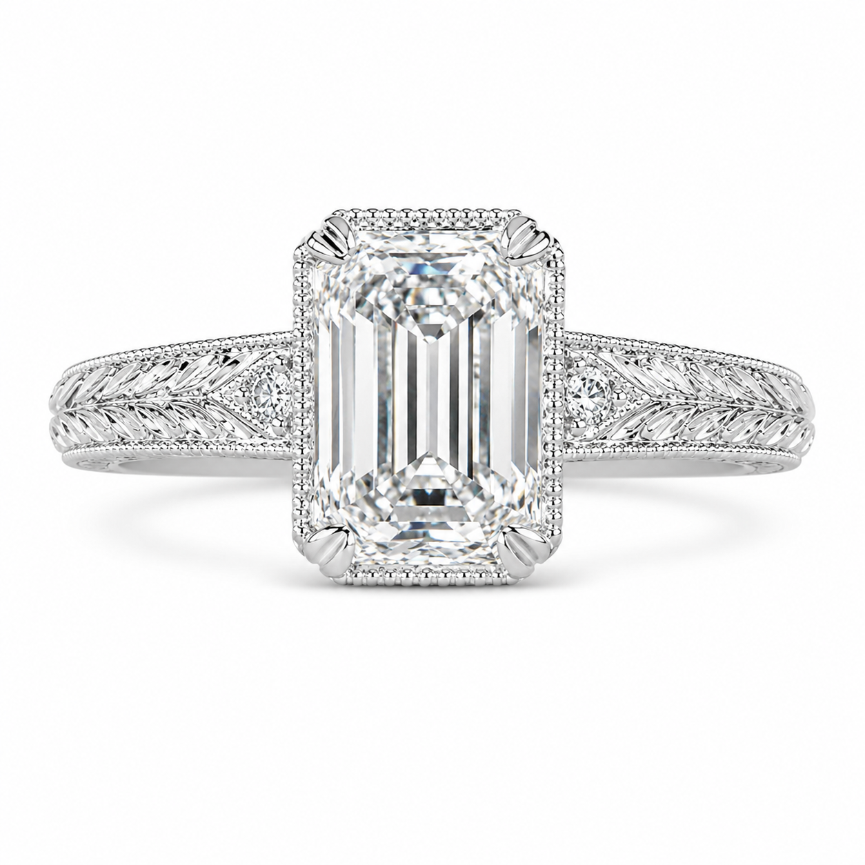 3.50 CT Vintage Inspired Criss Cut Lab-Grown Diamond Engagement Ring in 14K White Gold – Hand-Engraved Art Deco Cathedral Design