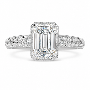 3.50 CT Vintage Inspired Criss Cut Lab-Grown Diamond Engagement Ring in 14K White Gold – Hand-Engraved Art Deco Cathedral Design